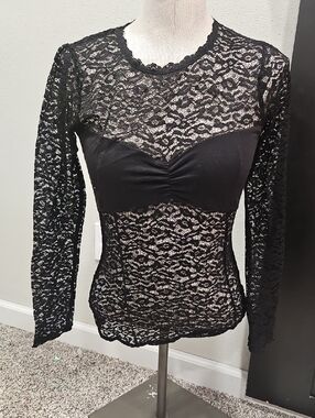 Free People Black Lace Long-Sleeve Sheer Top with Built-In Bust Panel
